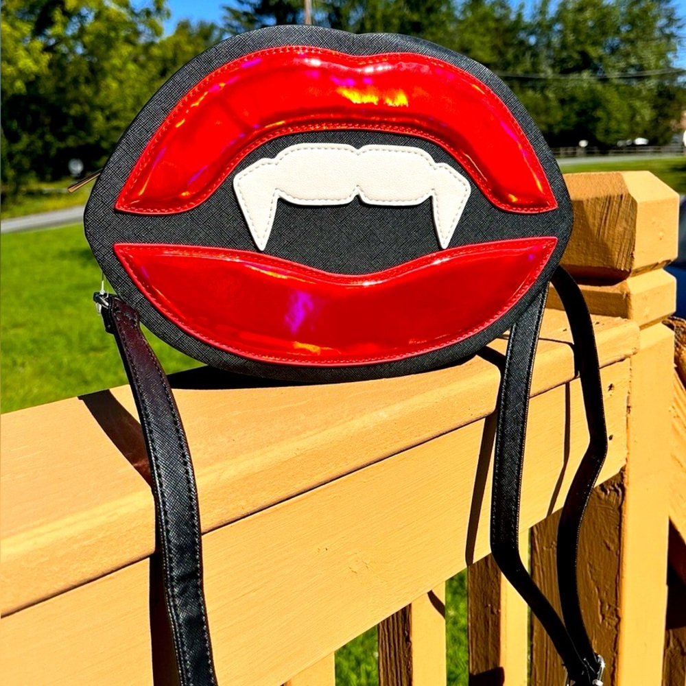 Mad Engine Vampire Red Lips & Fangs Crossbody Purse Bag Dracula Goth Punk